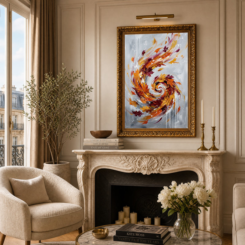 «Swirling Autumn Leaves with White Drips on Gray», art mural sur toile, H 24 po x l 16 po