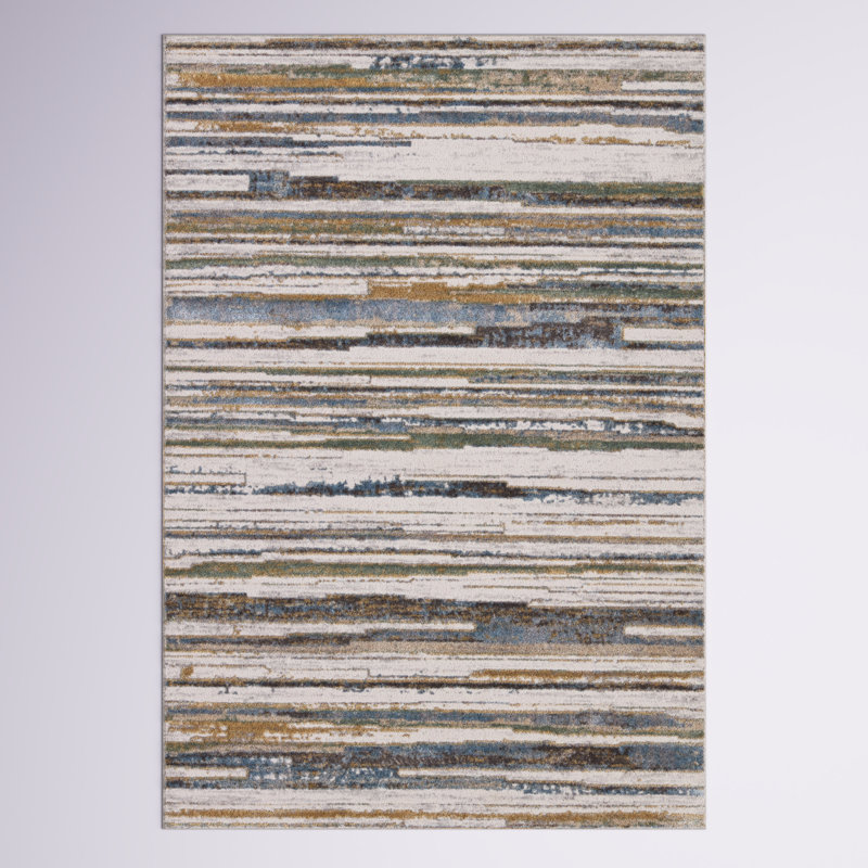 Tapis rayé bleu / crème fait à la main Ph Wilson, Rectangle 7 pi 10 po x 10 pi