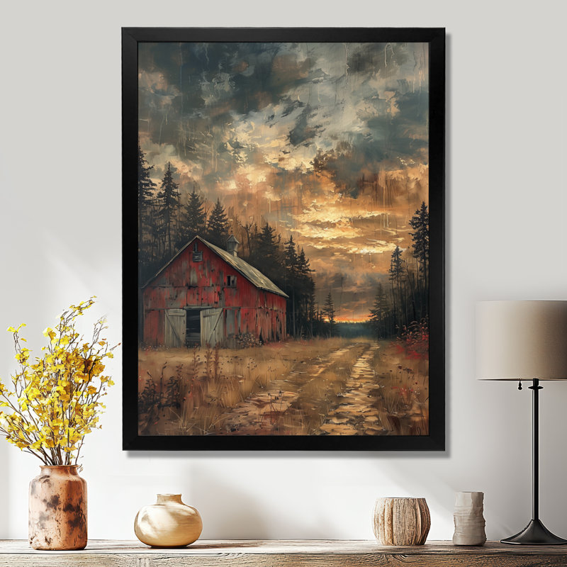 Décoration de grange au trésor gris et rouge d'automne - Grange, H 40 po x l 30 po x P 1,5 po, Toile encadrée noire simple