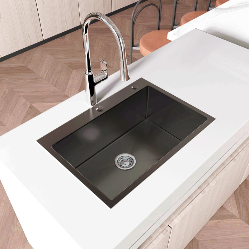 Stainless Steel Kitchen Sink, 27″X19″ Single Bowl, Overmount Handmade Sink In Black, With Us Standard Drain And Hook, Ls-Ssbl01