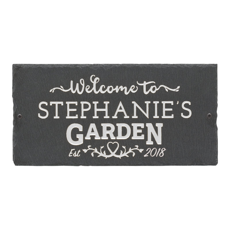 Garden Welcome 2-Line Personalized Etched Wall Slate Sign, White, Yes