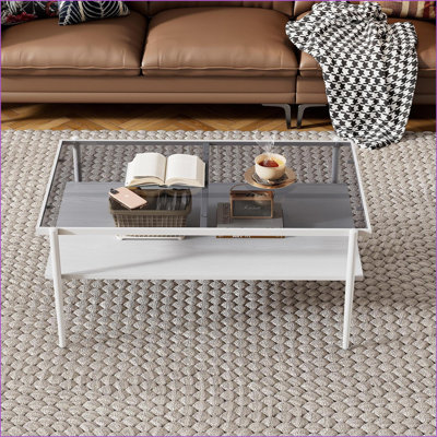 Table basse contemporaine en verre trempé gris avec pieds blancs, facile à nettoyer et amp; Capacité de 220 lb
