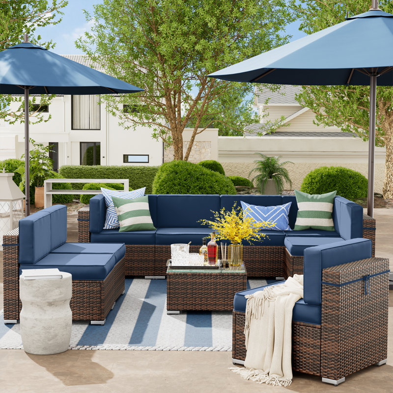 Ensemble de meubles pour 8 personnes avec table basse et 1 housse imperméable Angeli, Bleu marine