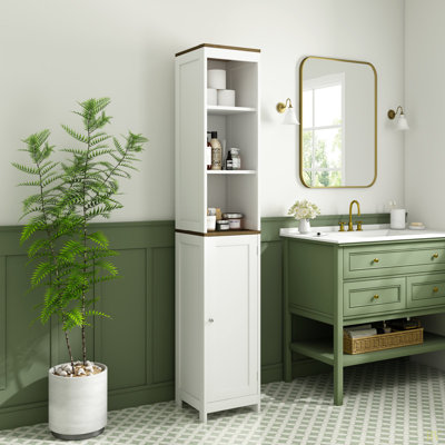 Tall Bathroom Storage Cabinet With Reversible Door, Freestanding Linen Tower With Open Shelves And Enclosed Cabinet, Narrow Floor Cabinet Organizer For Bathroom, Laundry Room Or Small Spaces
