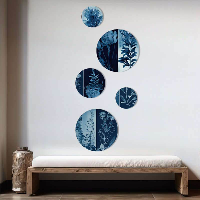 Ensemble de 5 décorations murales rétro fleurs sauvages dans les tons de bleu IV