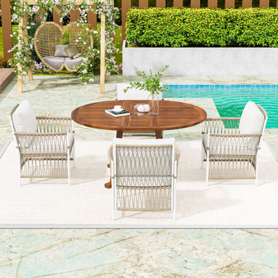 Rustic 5-Piece Extendable Acacia Wood Patio Dining Set with Handwoven Rattan Chairs and Comfort Cushions