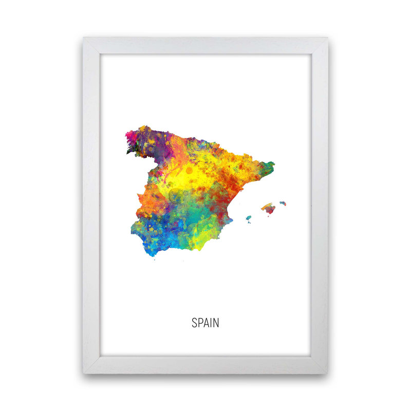 Spain Watercolour Map by Michael Tompsett - Print, White Framed, 63cm H x 46cm W x 3cm D