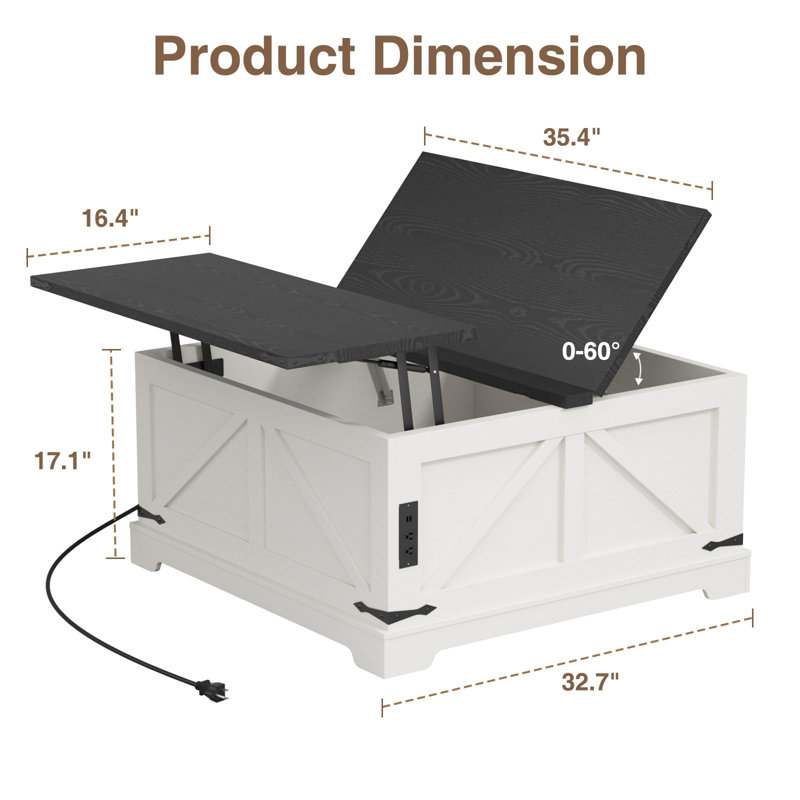 Table basse à plateau relevable avec rangement, Blanc/Noir, H 17,1 po x L 32,7 po x l 32,7 po