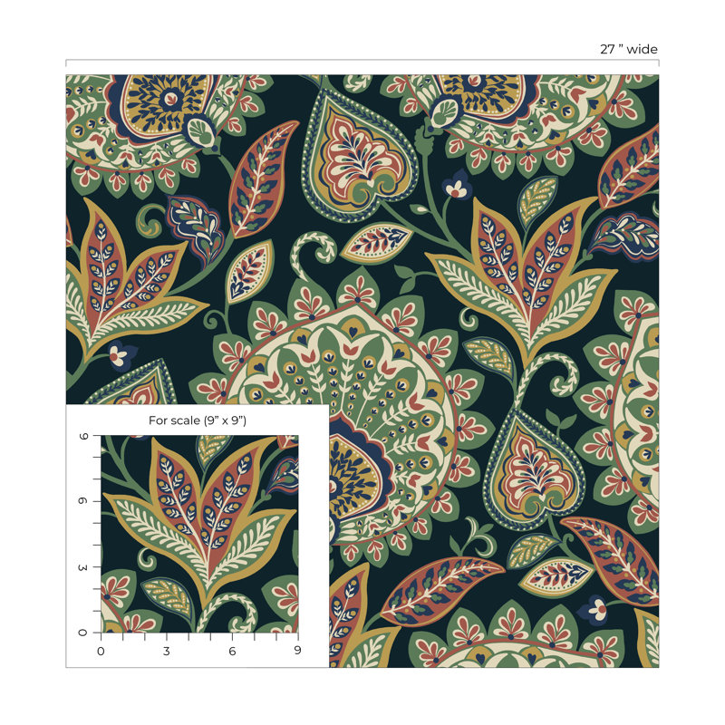 Manhart Non-Pasted Floral Wallpaper Roll, Black/Red/Green/Gold/Cream