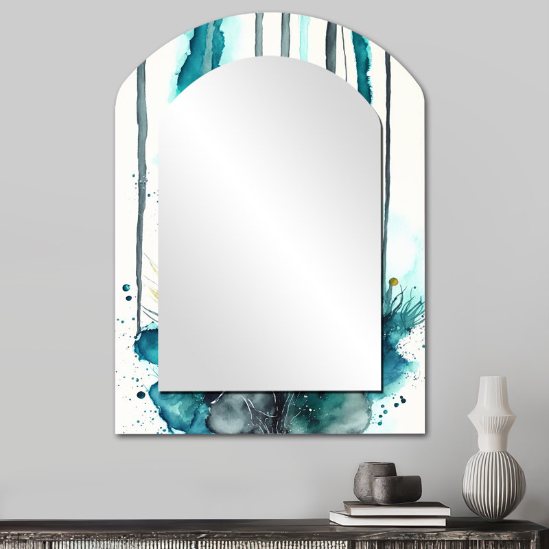 «Tropical Turquoise Joyfulness V», grand miroir mural asymétrique à encre liquide, miroir moderne arche unique, impression d'art en métal
