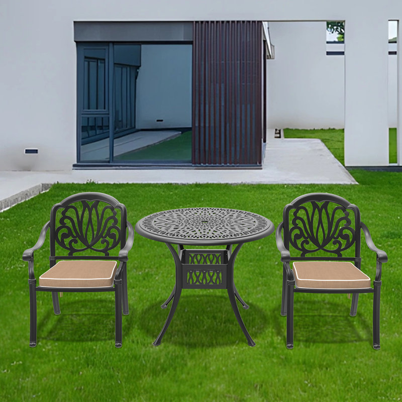 Ensemble 3 pièces de meubles de patio en aluminium coulé avec coussins, 3 pièces: table, 2 chaises