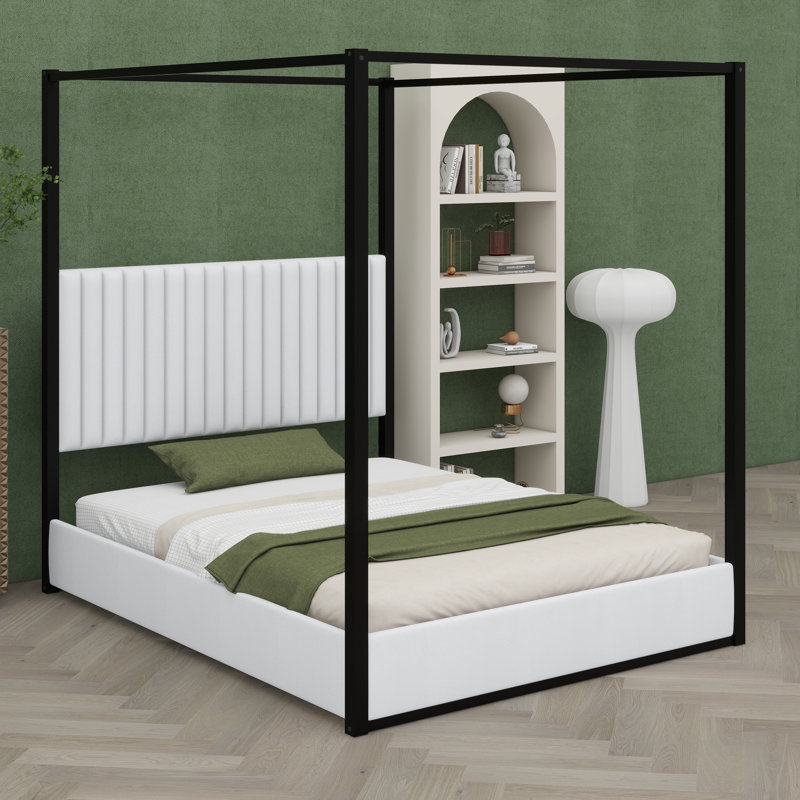 Lit plateforme à baldaquin classique avec tête de lit et structure durable, Blanc