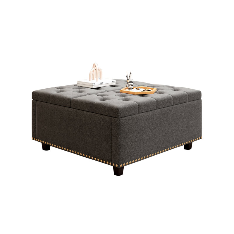 Banc de rangement massif Massive, repose-pieds avec deux portes de rangement, table basse de style Mid-Century moderne, incrustation de têtes de clous, gris foncé