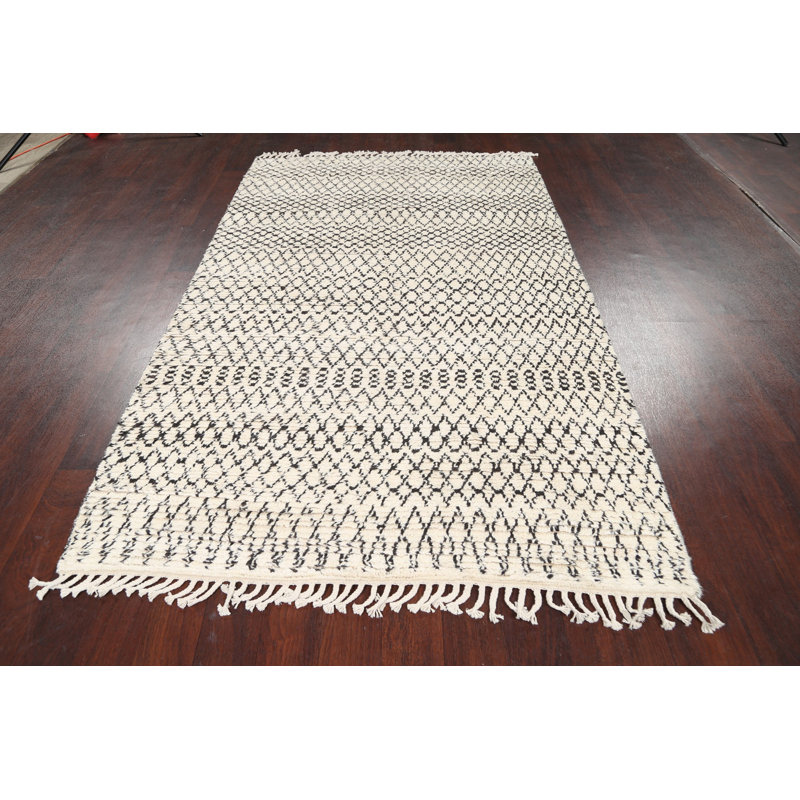 Tapis ivoire en laine noué à la main de conception unique 4 pi 8 po x 8 pi New Age
