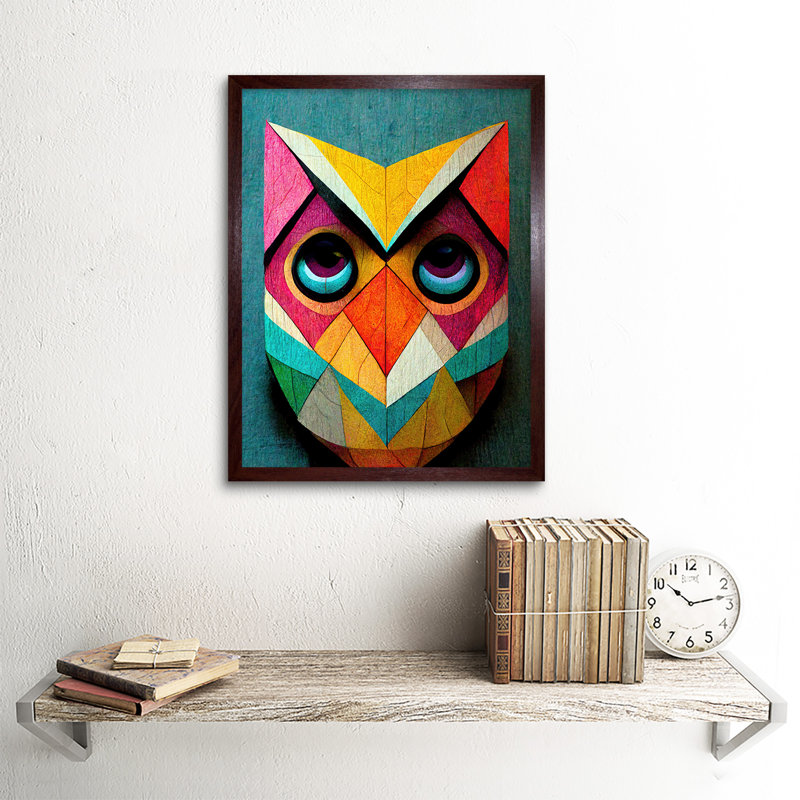 Cute Colourful Geometric Owl Bird - Print, Brown Framed Paper, 43cm H x 33cm W x 2cm D