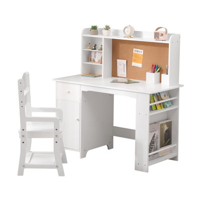 Study Desk and Chair Set for Children, Study Table for Kids - Features Bookshelf, Bulletin Board, Cabinets and Drawer, White