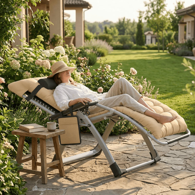 1 Pack Sun Loungers for Garden Heavy Duty Zero Gravity Chairs Padded Folding Deck Recliner 90-170° with Pillow, Cup Holder & Side Pocket Textilene Steel Frame 150kg Capacity