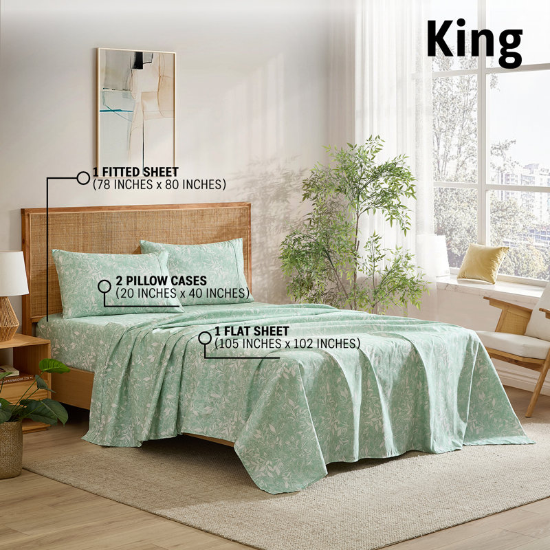 HLC.ME Leaves Printed Floral Bed Sheets - 4 Piece Patterned Bed Sheet Set - Wrinkle Resistant & Soft - Fits Mattresses Up To 15 Inches Deep (King, Green)
