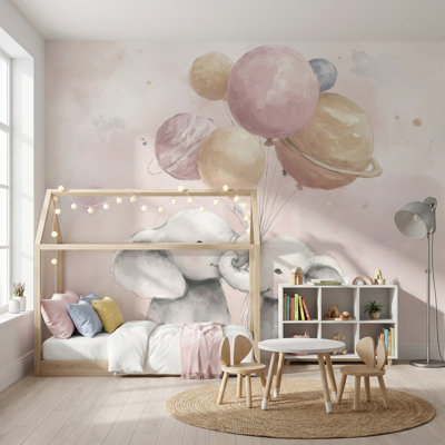 Papier peint pour éléphants, motif pastel fantaisiste.