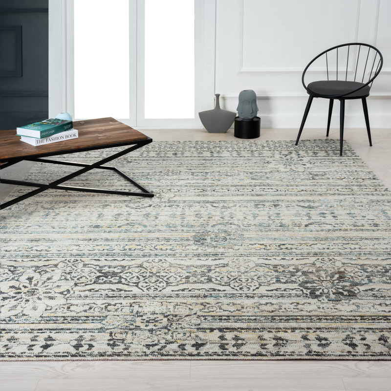 Tapis floral bleu / gris intérieur / extérieur Floral, Rectangle 5 pi 3 po x 7 pi 6 po