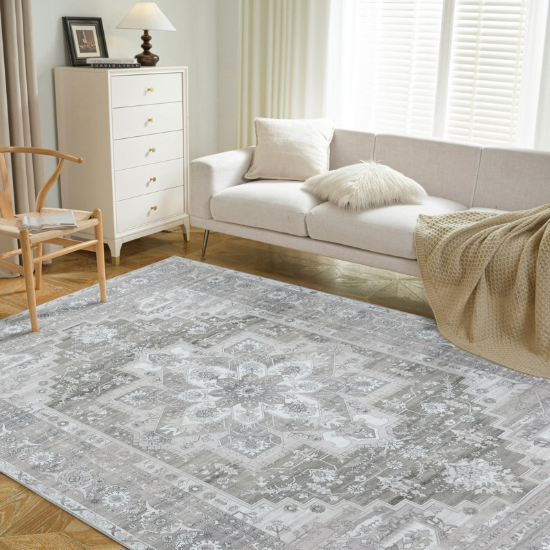 Machine Washable Area Rugs For Living Room Non-Slip Backing Foldable Boho Floral Carpet Rugs, Rectangle 6' x 9'