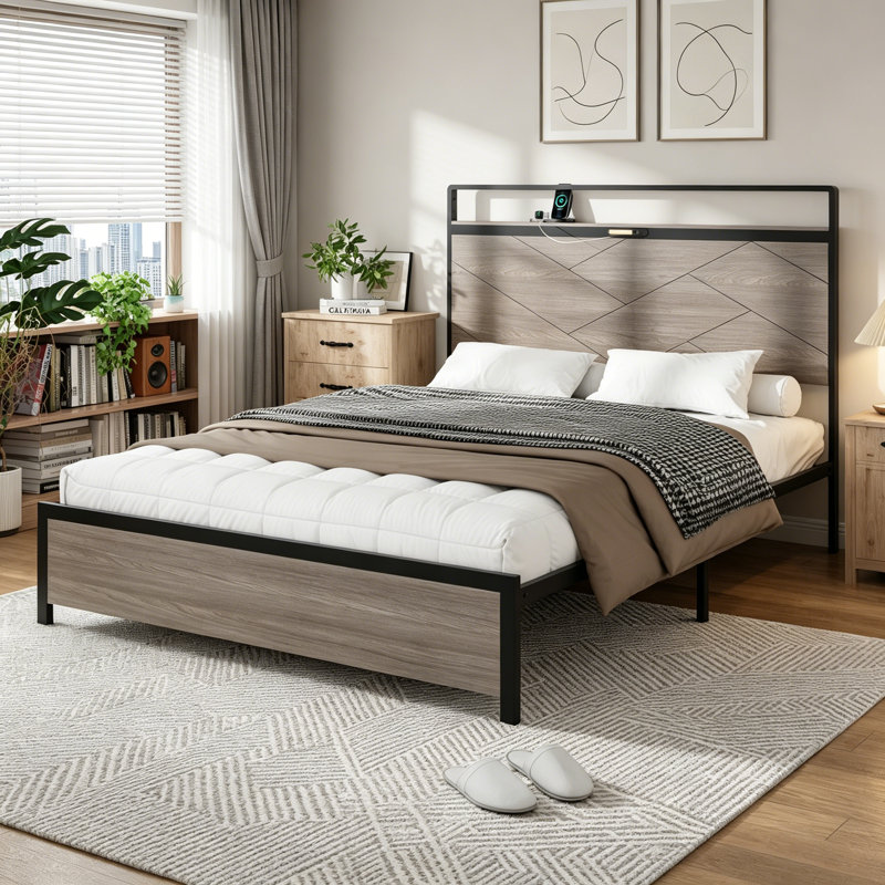 Bed frame full size, wooden platform bed frame with storage LED light headboard and 2 USB, no noise, no spring mattress required and simple assembly tools, large underbed storage, Antique Grey 