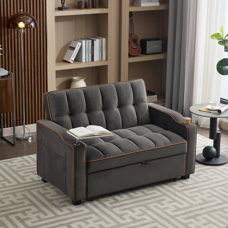 Multi-functional Tufted Back And Cushions Upholstered Convertible Velvet Loveseat Futon Sleeper Sofa W/pullout Sofa Bed, Gray