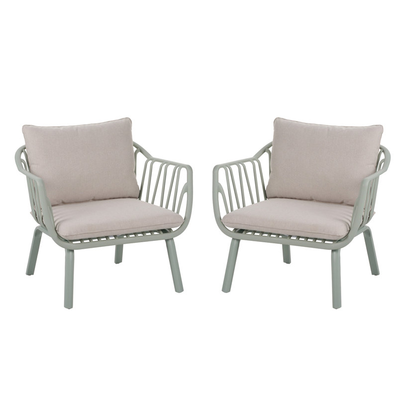 Huron Outdoor Patio PP Club Chair, Green Finish With Beige Cushion, Set Of 2, Beige Cushion/Light Green Frame