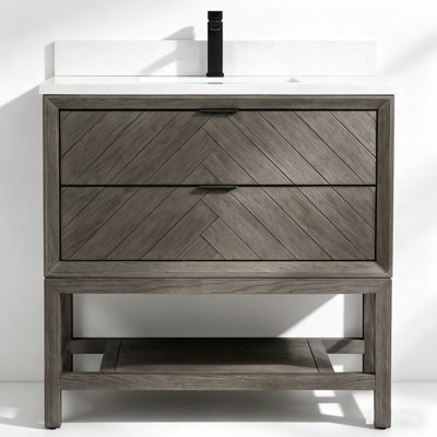  Ensemble de meuble-lavabo autoportant en bois massif gris foncé 36 po avec plateau en marbre d'ingénierie 36 po