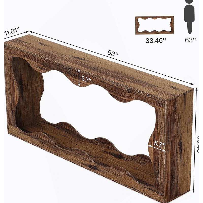 Console de style maison de campagne 63 pouces avec rangement, station de rangement pour canapé d'entrée étroite, design festonné ondulé élégant pour les intérieurs modernes, brun