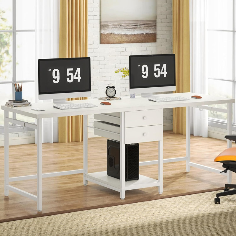 79-Inch Two Person Computer Desk With Drawers And Storage Shelves, White/White