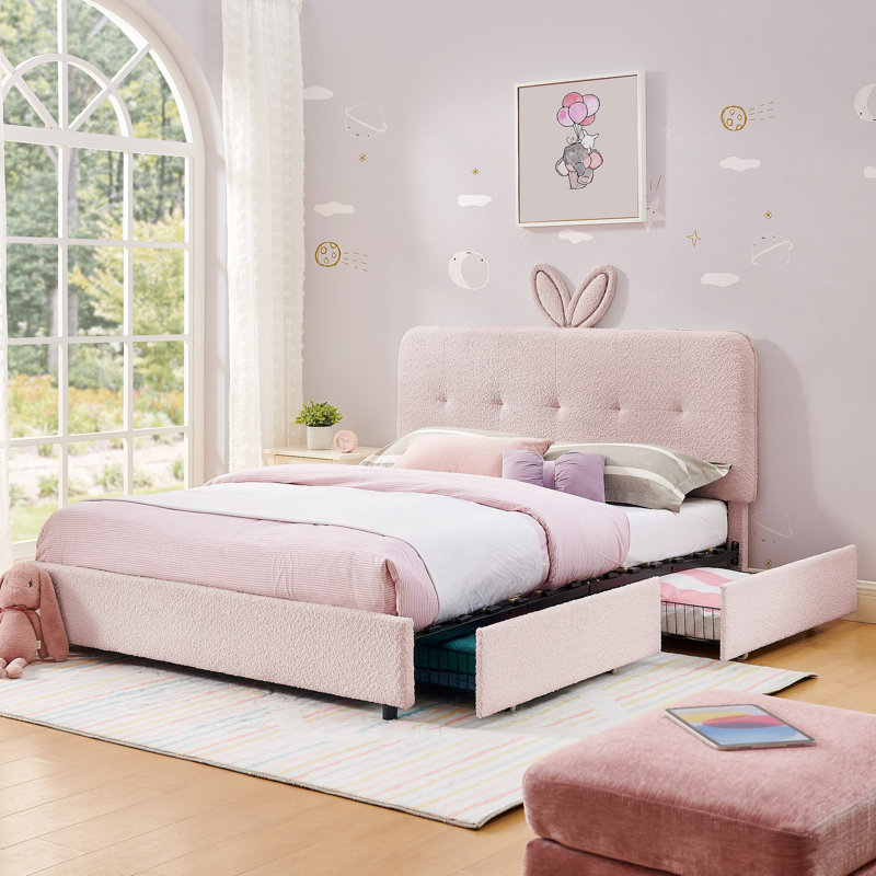 Lit tapissier pour enfants avec tête de lit surdimensionnée, lumière DEL et 4 tiroirs de rangement, tissu Boucle, Double