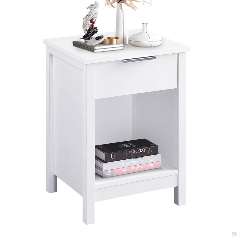 Nightstand With Drawer,3-Tier End Side Table With Storage Drawer And Shelf,Modern Bedside Night Stand For Bedroom, Living Room-Retro White