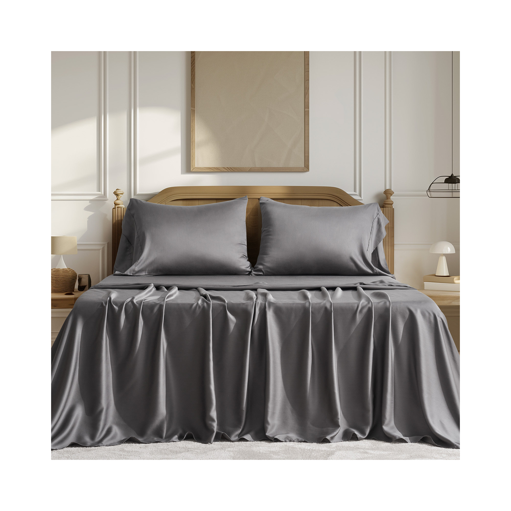 Tencel Sheet Set 4 Pieces, King Sheet Set + 1 Fitted Sheet + 2  Pillowcases, Charcoal Gray