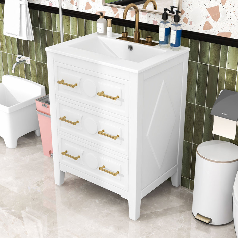 Élégant meuble-lavabo peu encombrant avec lavabo en céramique et 3 tiroirs de rangement dissimulés, Blanc