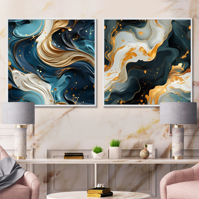 Horsham - ensemble de 2 reproductions d'art sur toile marbrées abstraites, Cadre blanc, H 36 po x l 73 po x P 1,5 po