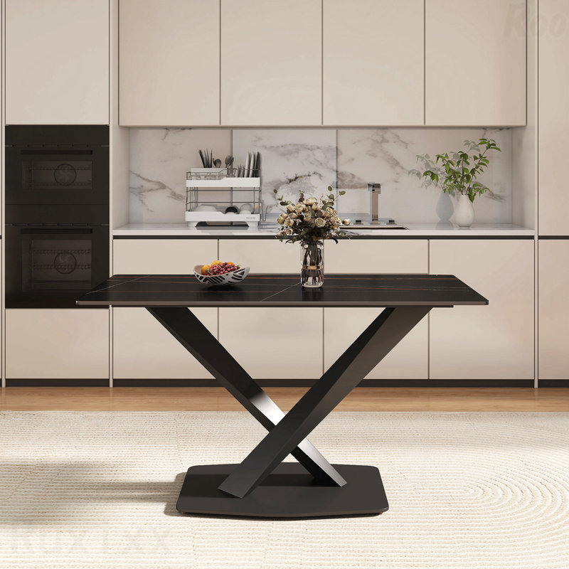 Table de salle à manger rectangulaire 55,25 po en pierre artificielle noire pour 6 personnes, Noir