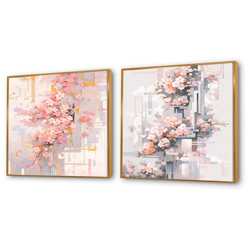 Contemporary Cherry Blossom Bold Stripes - Ensemble de 2 carrés de fleurs de cerisier, H 16 po x l 33 po, Cadre flottant doré