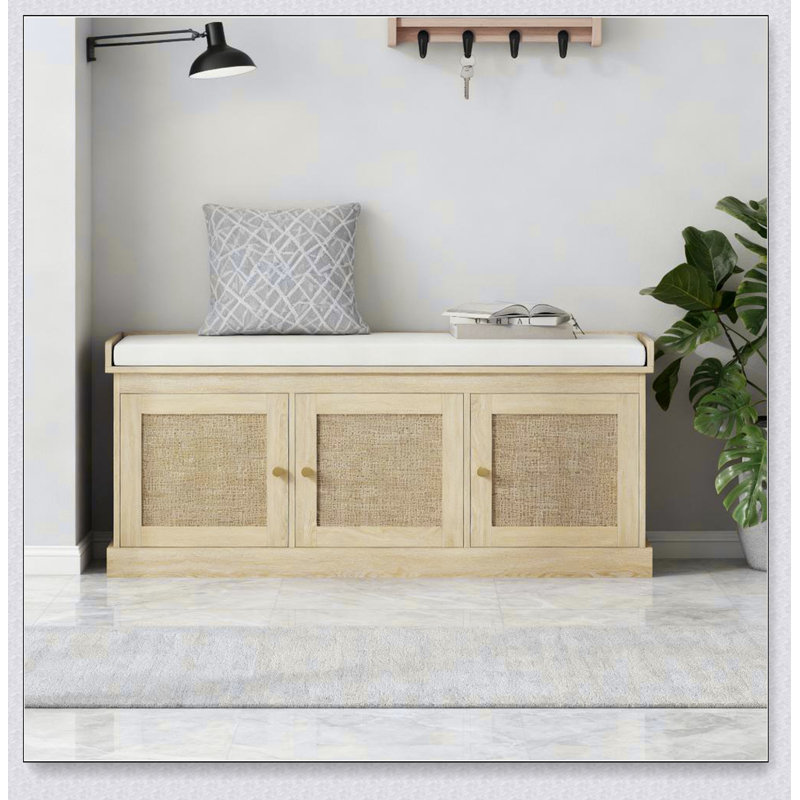Banc de rangement pour chaussures en rotin stable, robuste et robuste, Cream White and Oak