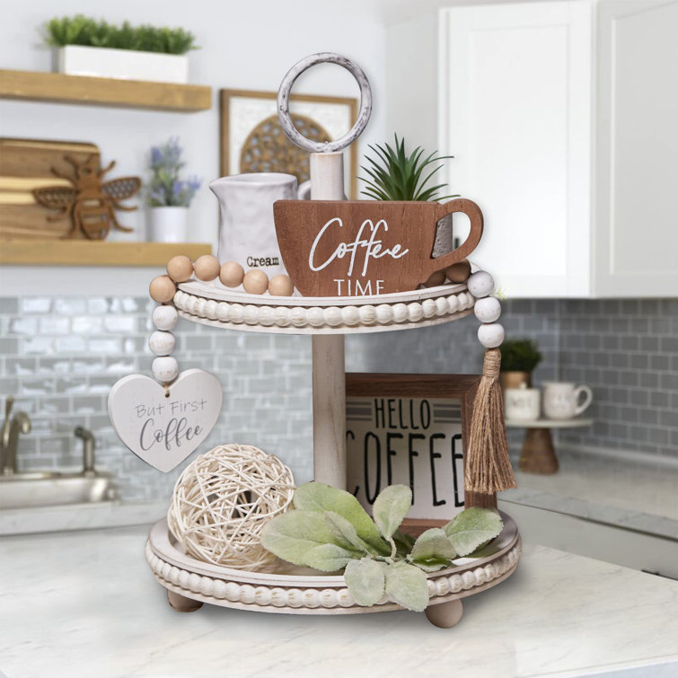 8 Pieces Coffee Bar Sign Farmhouse Decors, Wooden Mini Mug, Beads Garland  for Rustic Tiered Tray Kitchen Table Decoration