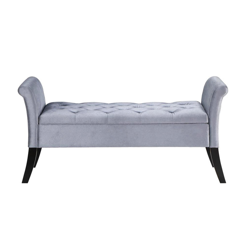 Velvet Upholstered Storage Bench With Rolled Arm, Silver