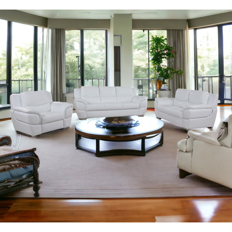 Three Piece Indoor White Genuine Leather Six Person Seating Set