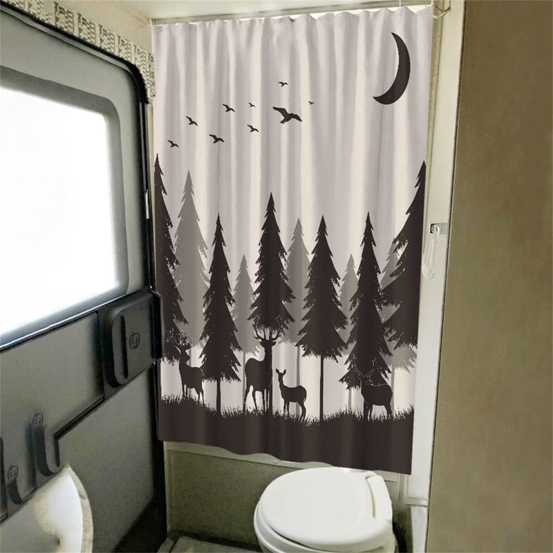 Forest Mountain RV Shower and Bath Curtain with Camper Design - Waterproof Happy Camp Pattern, Fabric Decor Set with Hooks - Grey Black, 47x64 Inches