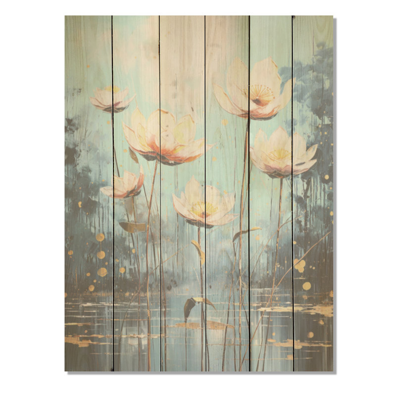 Lotus in Harmony Pond - Art mural en bois de lotus sur bois de pin naturel, H 32 po x l 24 po