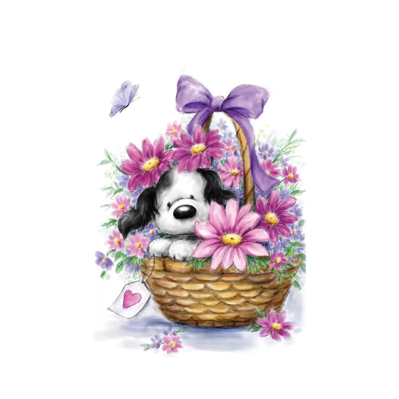 Grey Dog In Basket by MAKIKO - Wrapped Canvas Print, 20.32 cm H x 30.48 cm W