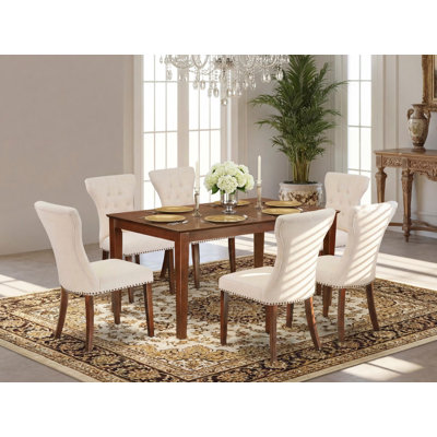 Ensemble de table et chaises de cuisine 7 pièces comprenant une table de salle à manger rectangulaire et 6 chaises de salle à manger Parsons en tissu beige clair, acajou