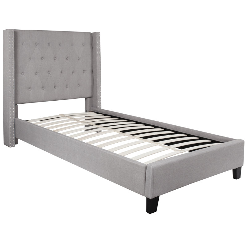 Light Gray Twin Upholstered Platform Bed with Tufted Headboard and Nailhead Trim