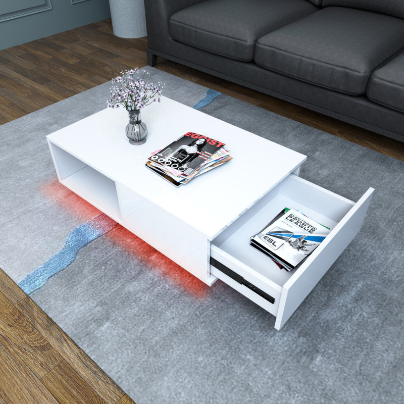 Nelliston LED Coffee Table with Drawer, White, 12.2"H x 33.46"L x 21.56"W