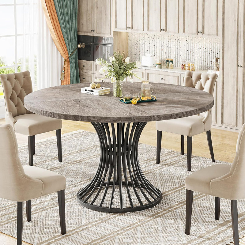 Table de salle à manger campagnarde ronde de 47 pouces avec base en sablier, finition en bois gris pour les intérieurs rustiques modernes