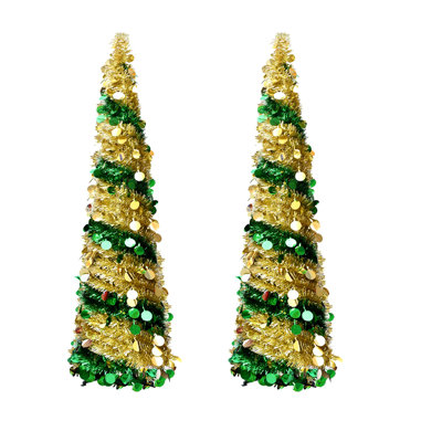 2PCS arbre de Noël artificiel pliable de 5 pi avec arbre à paillettes pop-up vert et doré